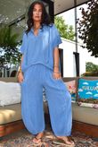 Lina Linen Blend French Tuck Blouse Washed Denim